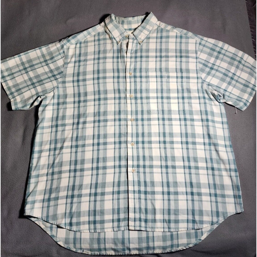 Wrangler Rugged Wear Shirt Mens XXL White Blue Plaid Short Sleeve Button Up